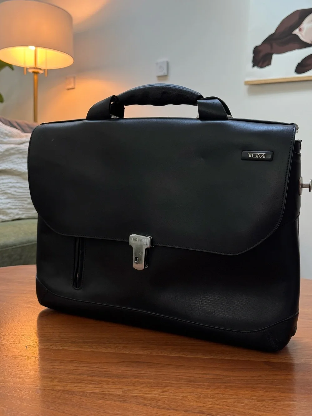 Tumi Black Leather Briefcase with Silver Hardware